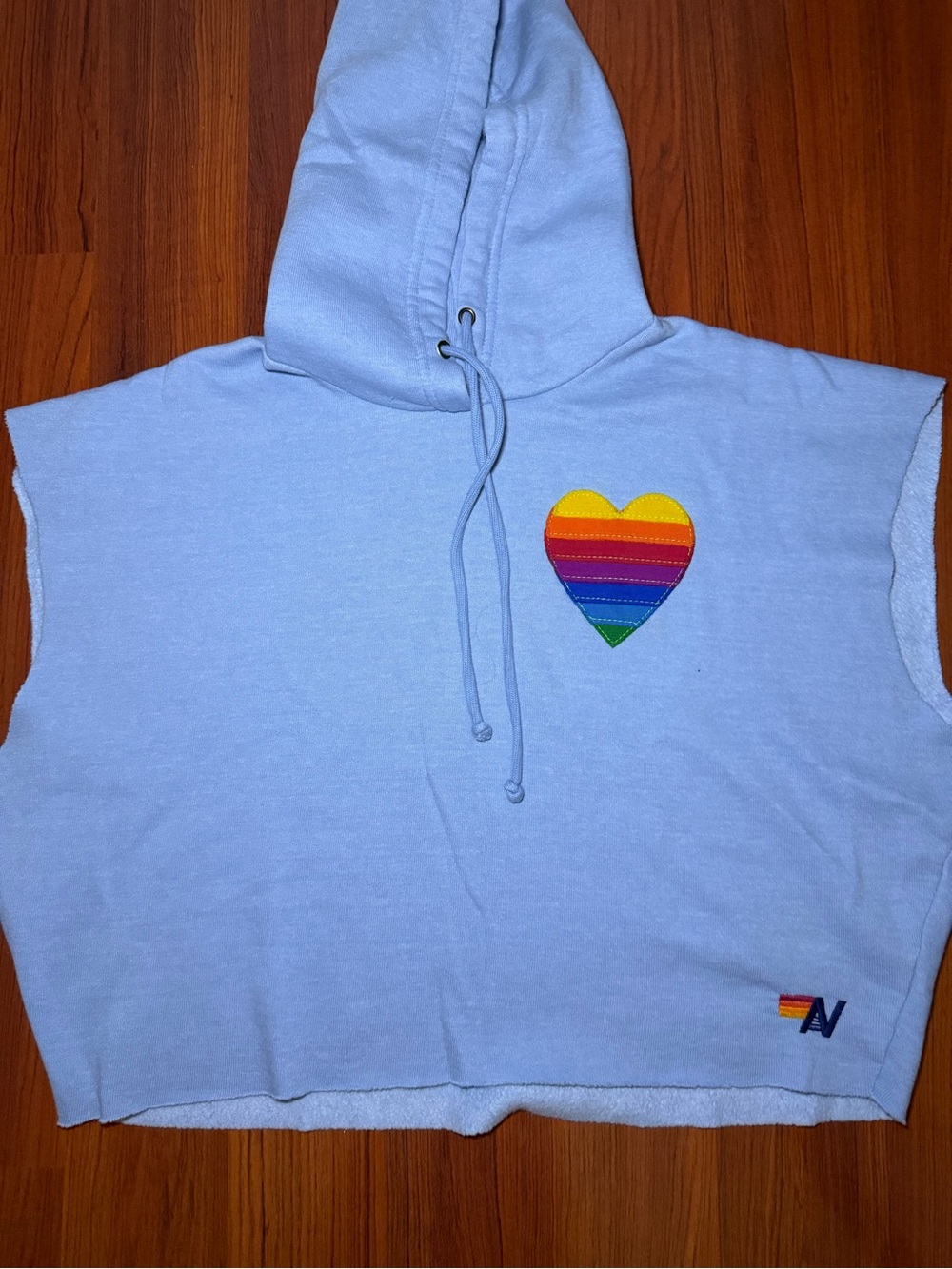 Aviator Nation Light Blue Cropped Hooded Tank with Rainbow Heart Patch